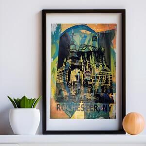 The 'Dian Cecht'. Monoprint Poster of the Rochester, NY Skyline. 13 x 19"